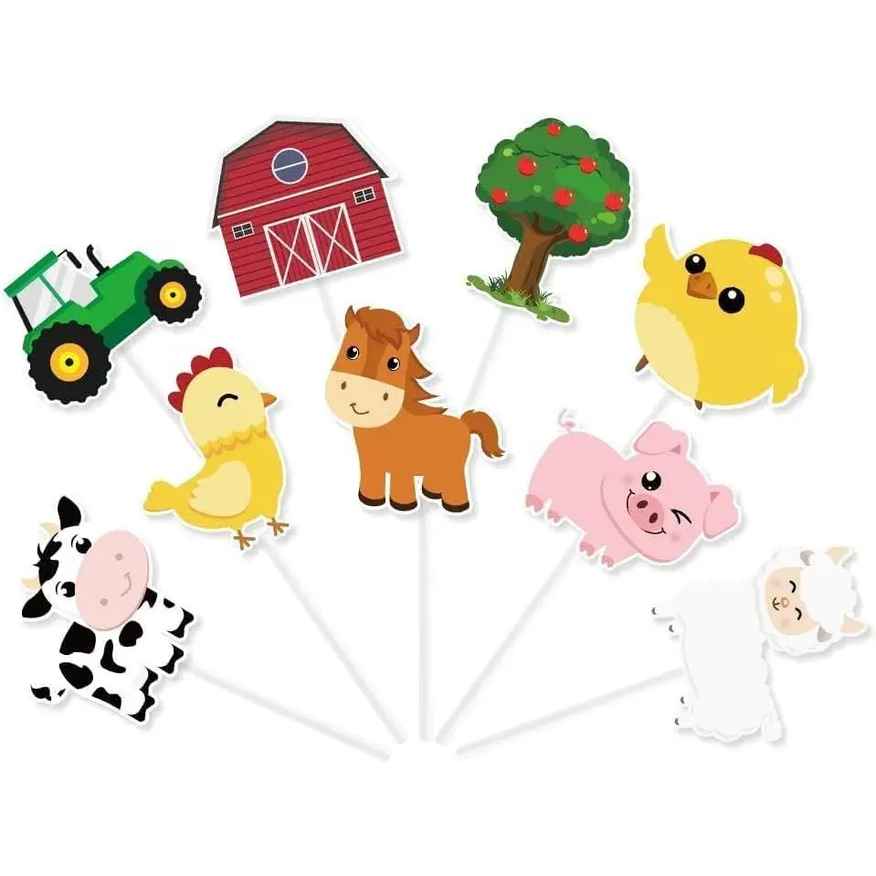 36 Pcs P-PSD040 Recyclable Card Paper Farm Cupcake Toppers - Non-Toxic, Glueless, Fade Resistant, 9 Patterns, Vivid Cartoon Barnyard Animal Picks for Kids' Happy Birthday, Anniversary Tractor Theme Cake Decorations, Party Supplies
