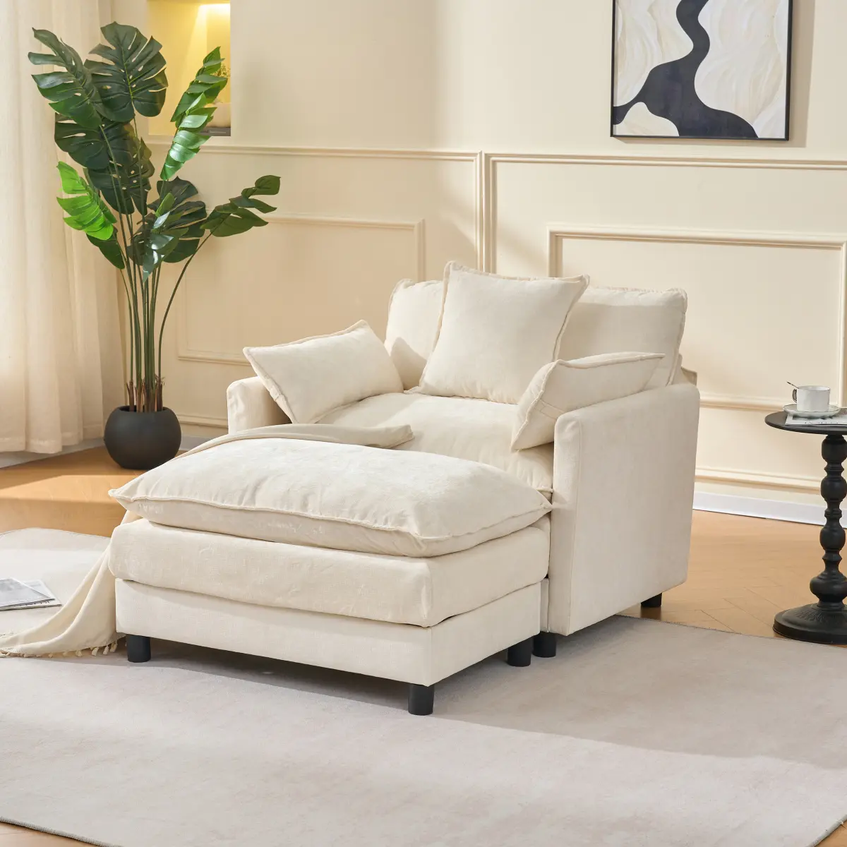 Oversized Armchair with Ottoman, Chenille Upholstered Sofa Bed Chair, Wide Accent Chair, Perfect for Living Room, Bedroom, Apartment, Beige