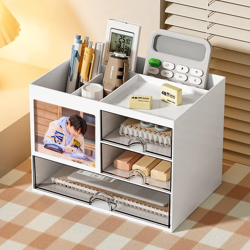 A desktop organizer with three drawers, Desk organizers, a multi-functional pencil holder suitable for offices or homes, a desktop storage device with 8 compartments, available in white, perfect for storing art supplies, Stationery Organizer