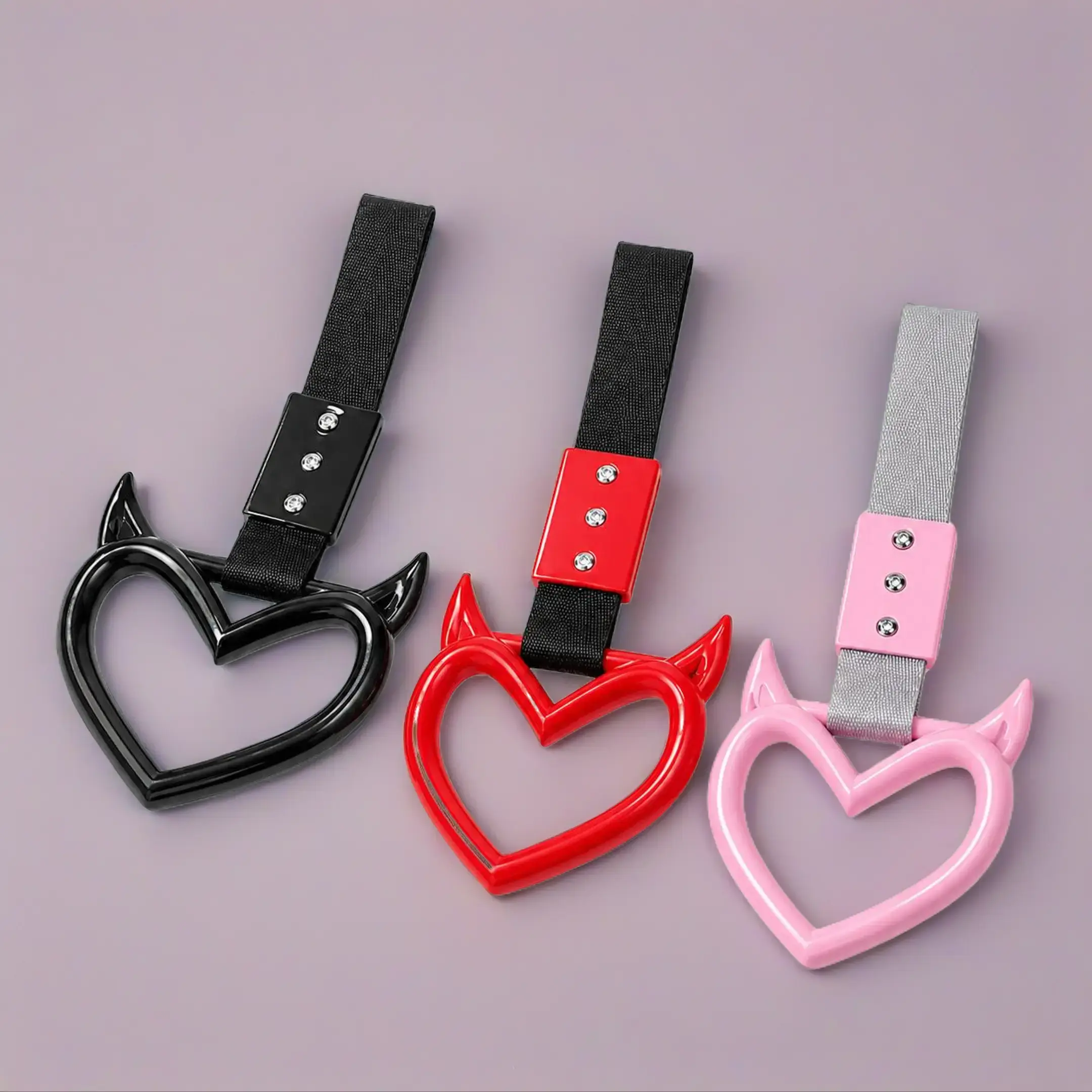 2 PCS Devil-Style Heart Handle Strap Drift Charms, Red Car Hanging Ring Decoration, Interior Exterior Car Accessory Keychain