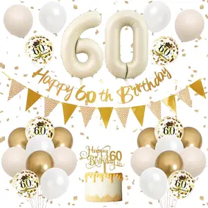 60Th Birthday Decorations Sand White Gold,60Th Birthday Balloons Beige Gold,Happy 60Th Birthday Banner With Cake Toppers Number 60 Balloons For Women Men Birthday Party Decorations