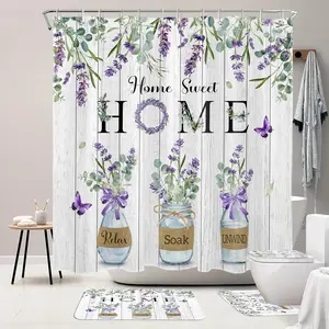 1/4pcs 4 PCS Purple Lavender Shower Curtain Set with Rugs Farmhouse Bathroom Sets Floral Shower Curtain Bathroom Decor with Rugs Bath Accessories with Mats Toilet Lid Cover with 12 Hooks 72x72 Inches