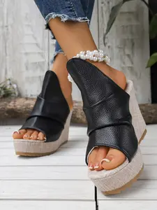 Women's New Solid Color Sexy Wedge Heel Sandals, Fashionable Design, Anti-Slip Sole + Thick Sole Height Increase, Casual Beach Vacation Shoes