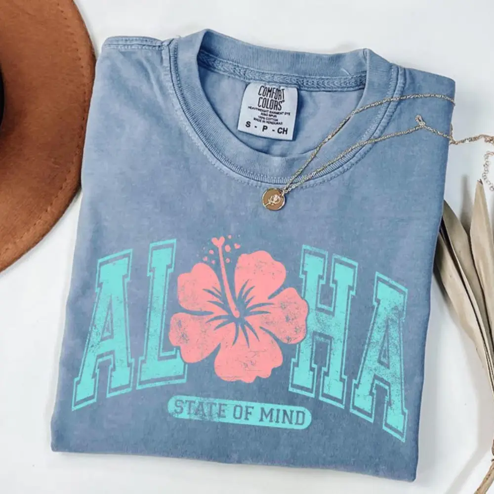 Vintage Aloha T-shirt, Summer Comfort Colors Shirts, State of Mind, Varsity Hawaii Shirt, Hibiscus Flower tee, Aloha Vacation Apparel Gift