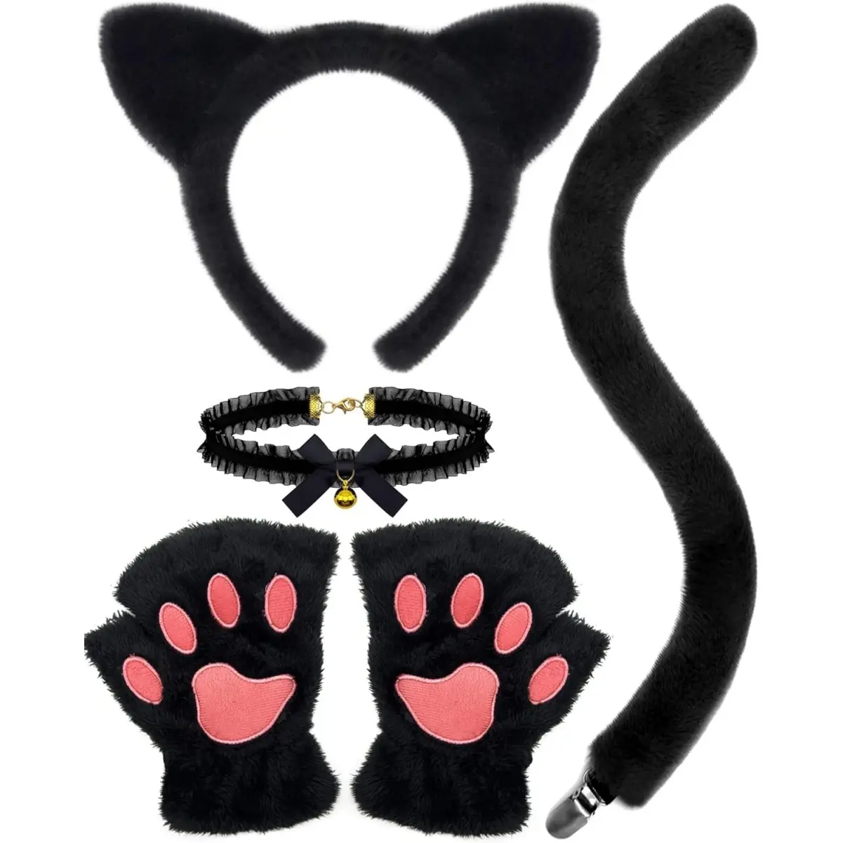 Black Cat Costume Accessories - Cat Ears Headband Tail Paws Gloves Choker Fluffy Cute Set for Adult Women Halloween Feline Themed Costume