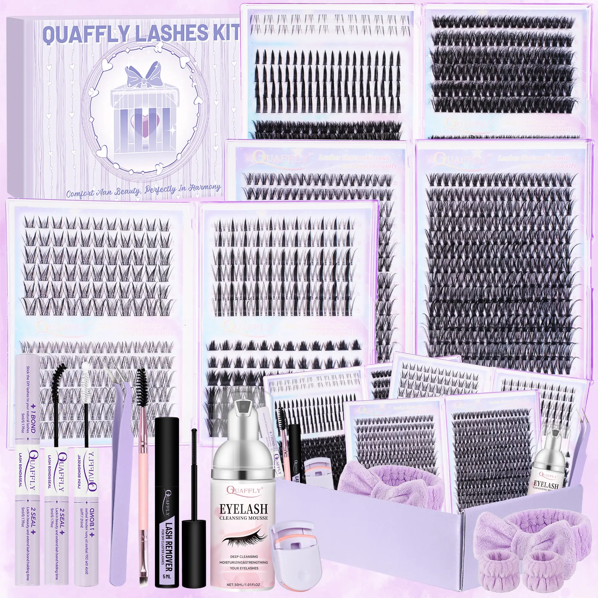 QUAFFLY DIY Lash Extension Kit Spiky/Bottom/Volume/Natural Eyelash Extension Kit with DIY Lash Cluster DIY Eyelash Clusters Lash Bond&Seal  Remover Tweezer Cleansing Mousse Dual-Ended Brush Lash Curler Makeup