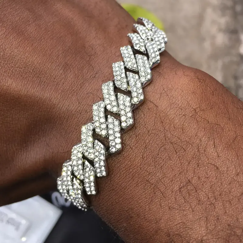 2pcs Iced Out Diamond Cuban Link Bracelet for Men – Hip Hop Bling Chain, Rhombus Cuban Bracelet with Flip Clasp, Trendy Streetwear Jewelry Gift for Boyfriend