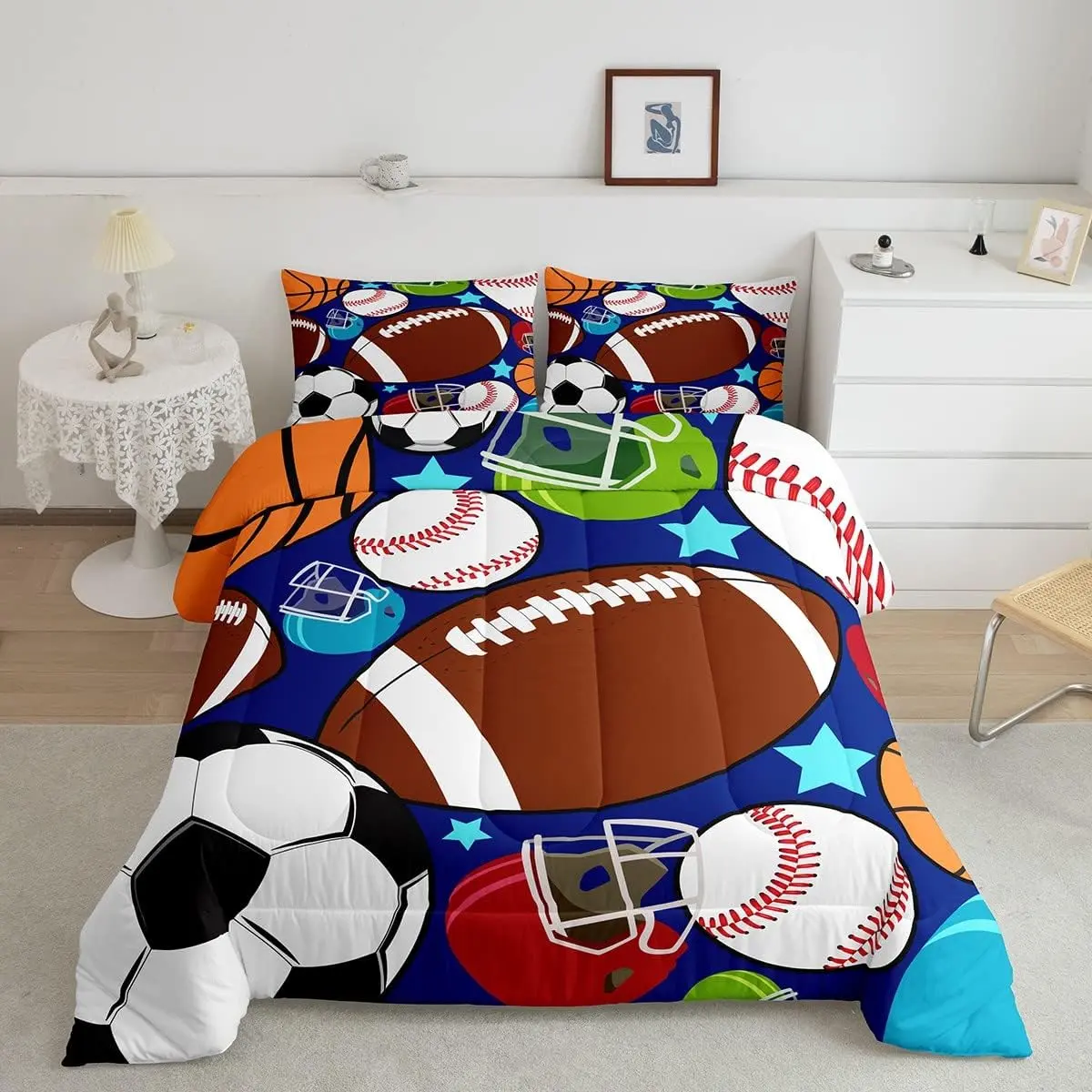 Multi-Sport Themed Duvet Set - Breathable Soft Blanket Bedding Set with Football, Basketball, Tennis, Baseball Comforter, Pillowcase, Lightweight Twin/Full/Queen Size, Unique Bedding Sets
