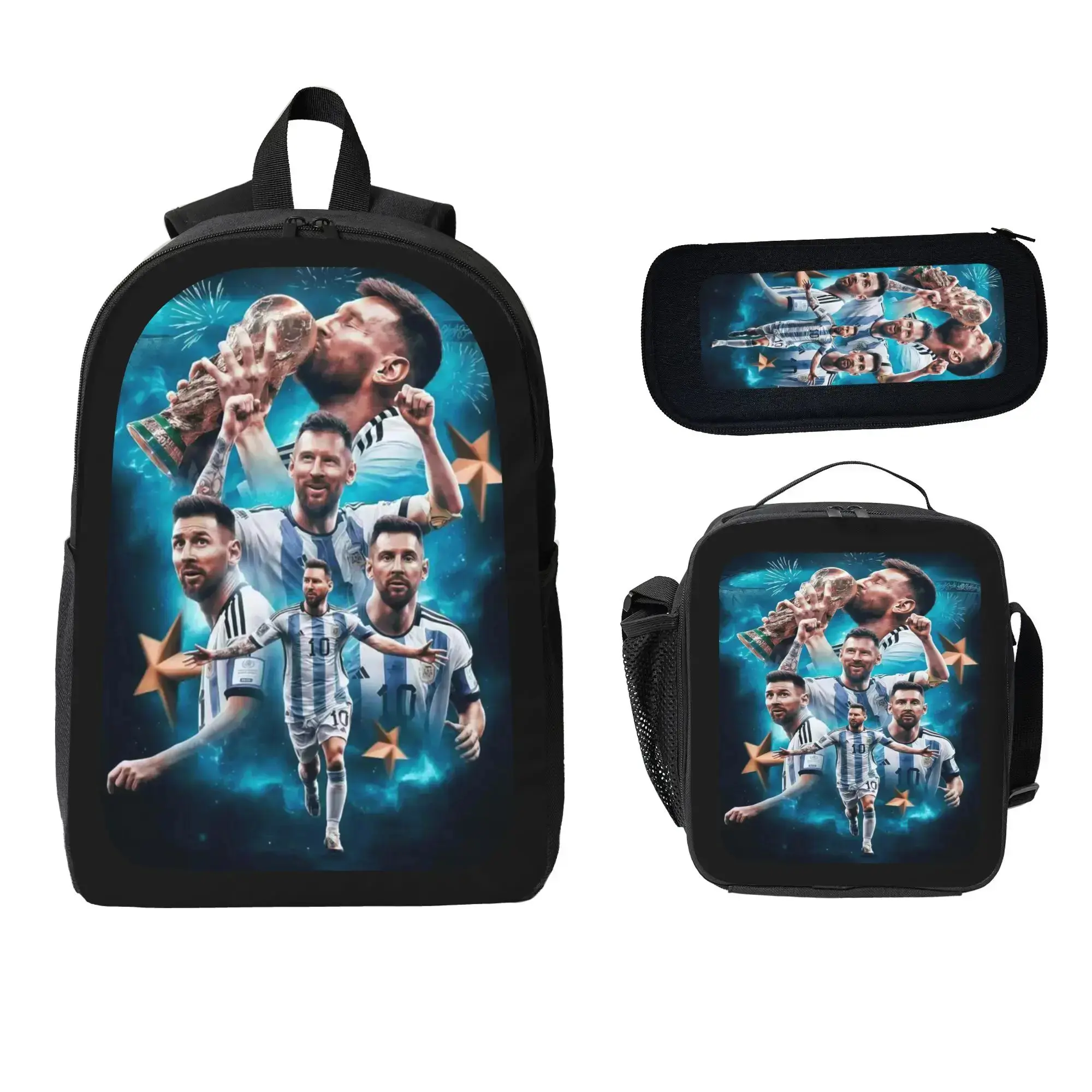 3pcs Messi Backpack Soccer Backpack Set for Men Women Lightweight Laptop Backpack, Lunch Bag and Pencil Case