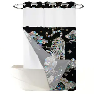 1PC 2D Flat Luxury Abalone Shell White Tiger Cloud Shower Curtain, New Chinese Mosaic Art Design, Waterproof Detachable Liner Bathroom Curtain (No Hooks)