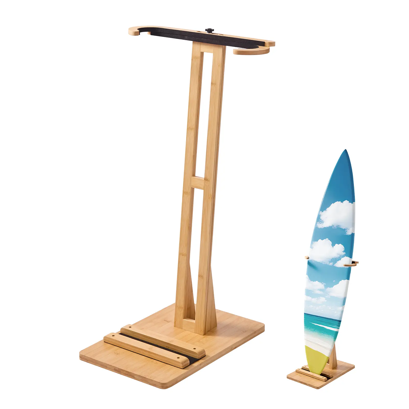 VEVOR Natural Wood Freestanding Surfboard Holder, Space-Saving Vertical Frame with Adjustable Padded Arms (Protector), 14.5-26.2" Storage for Snowboards & Wakeboards, Customizable Size, Easy Assembly, Surfing Accessories