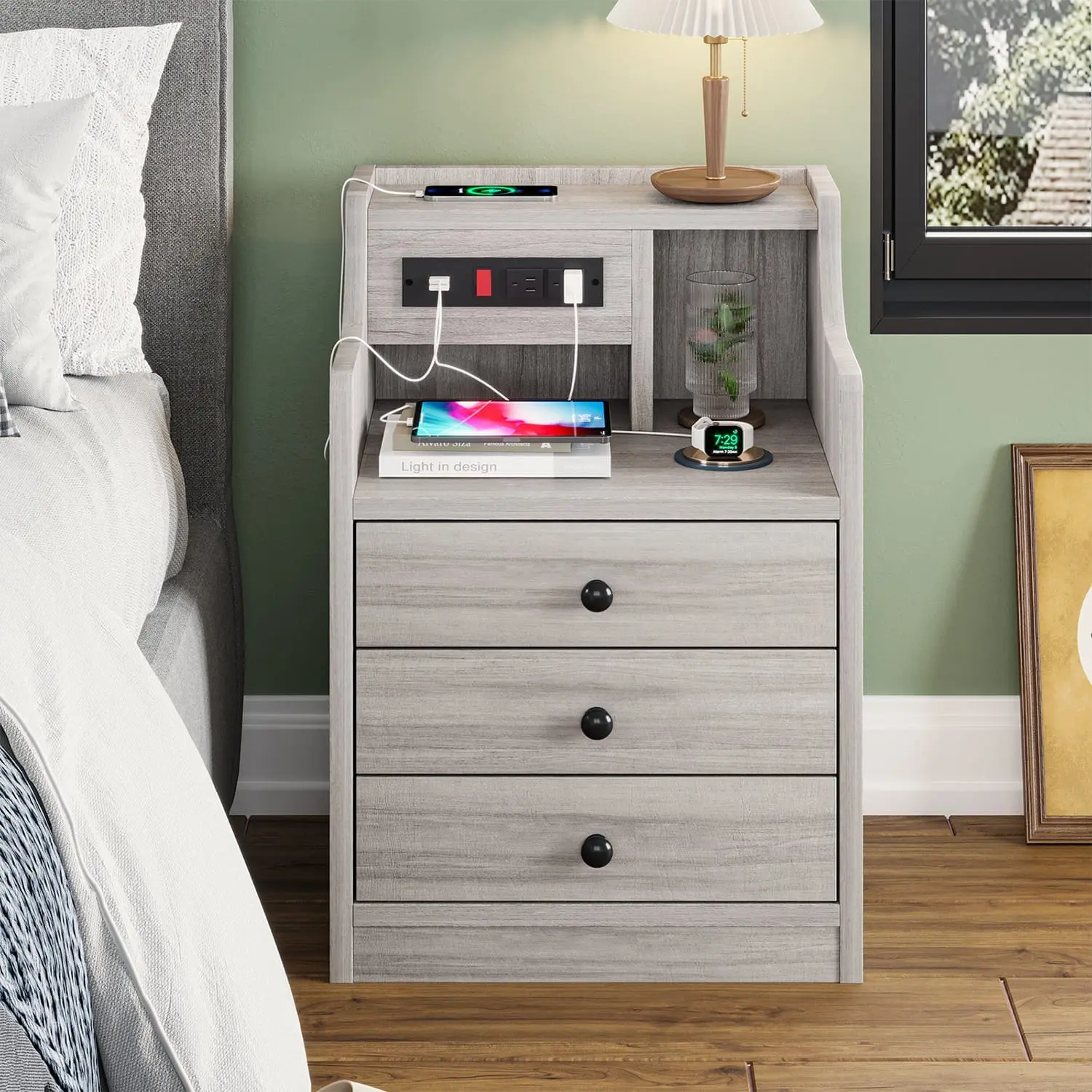 SIKAIC Grey 3-Drawer Bedroom Nightstand with Charging Station - Modern Compact Minimalist Bedside Table, Indoor Side Table with Glide Drawers, Indoor Storage Furniture with Book Hutch, Bedroom Nightstands,dorm essentials,home decor