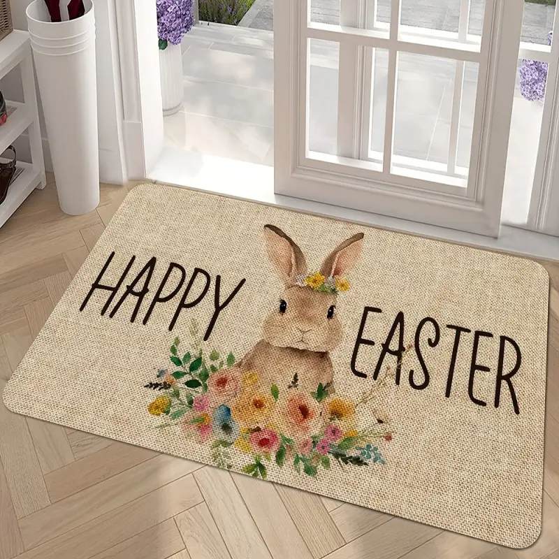 1pc Easter Special! Bunny Wreath Doormat, Welcome Happy Easter, Easter Welcome Mat, Indoor/Outdoor Decorative Welcome Mat, Outdoor Entry Mat, Suitable For Home Room Decor, Perfect For Bedroom, Kitchen - Spring Decoration Gift