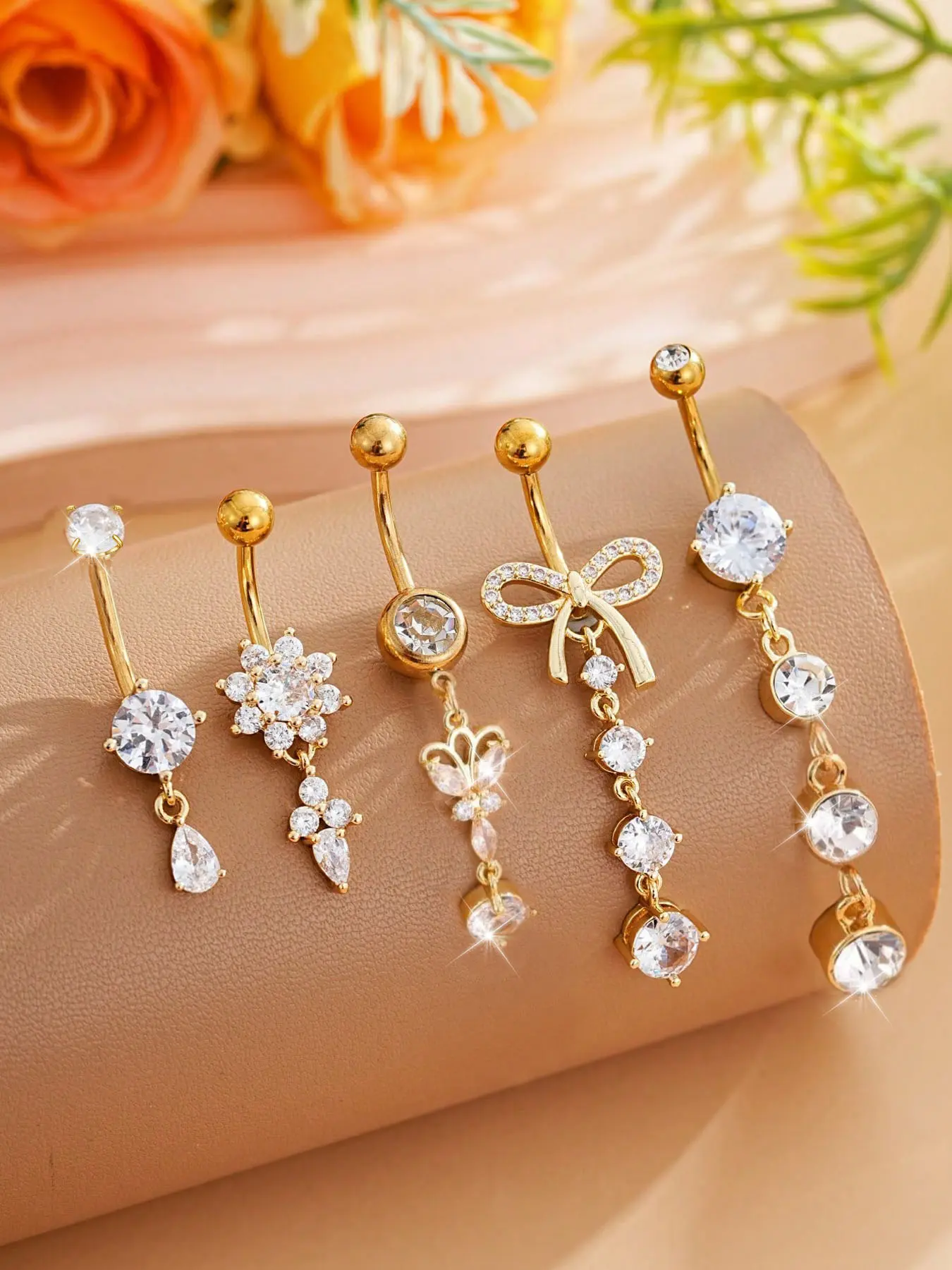 Butterfly & Water Drop Flower Belly Button Rings Set, Cubic Zirconia Pendant Navel Piercing Jewelry, Sparkling Zirconia Beach Vacation Wear, Body Piercing Jewelry, Body Jewelry Accessory