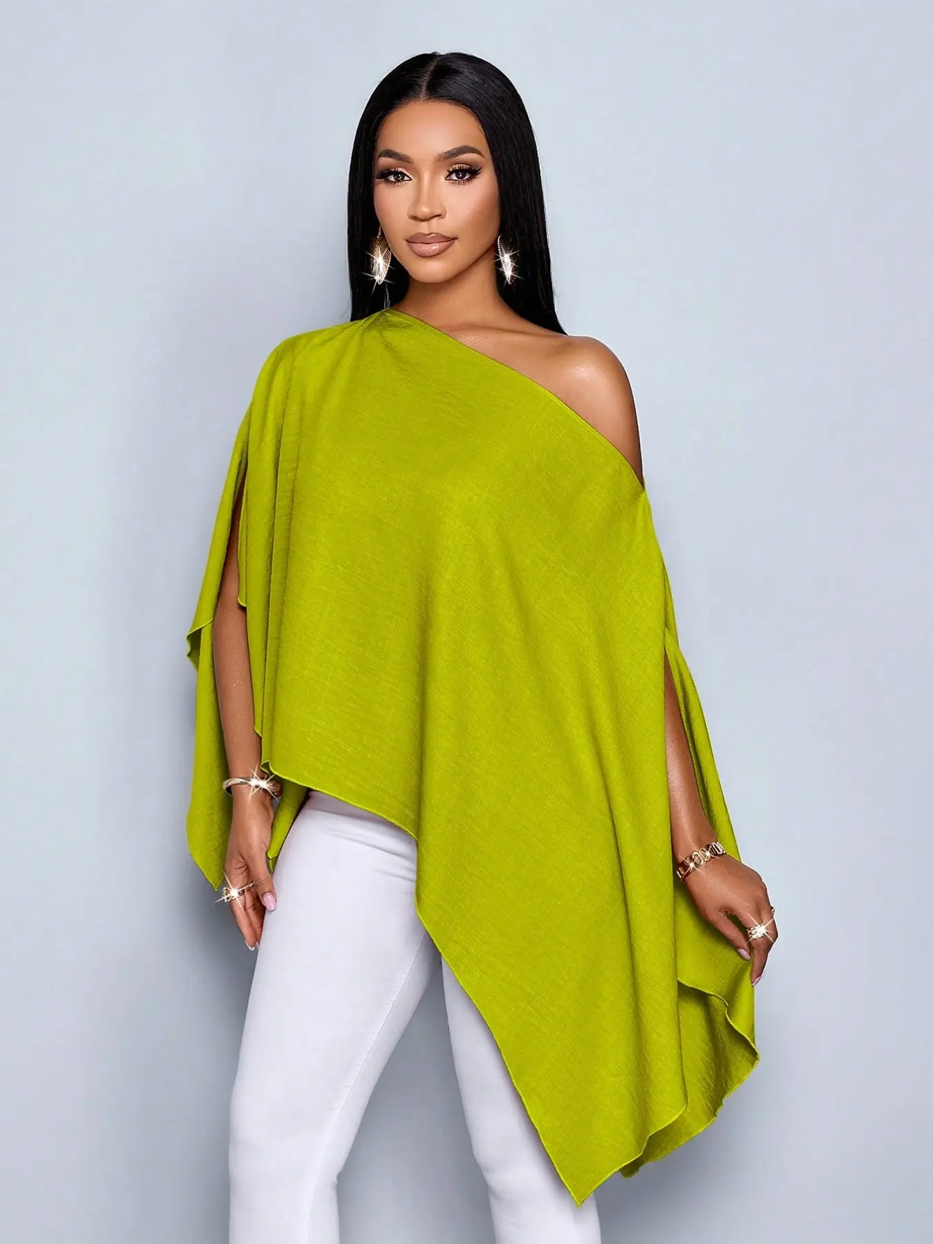 Women's Asymmetric Hem Breathable Linen Shirt, Single Shoulder Cape Sleeve Design, Casual Fashion Top for Daily Wear, Loose Fit, Comfortable and Stylish, Blouse, Womenswear, Asymmetric Hem Tops