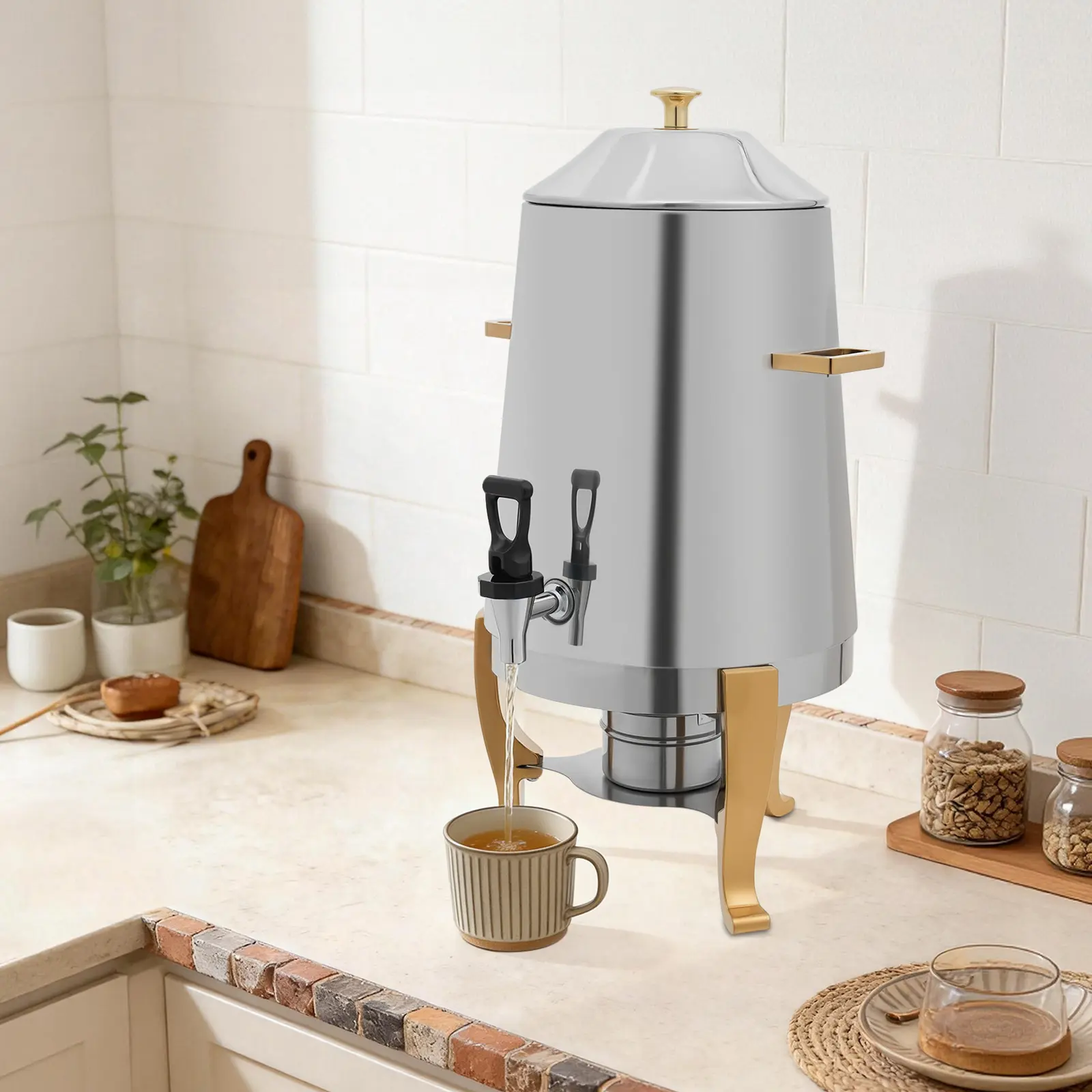13L Hot Water Dispenser 400W, Silver Gold Stainless Steel Beverage Urn with Electric Heating Board for Home Hotel Party, US Plug