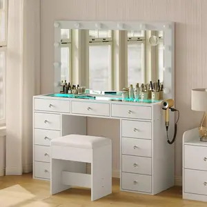 HuaYing Hollywood Style Vanity Desk with LED Mirror & RGB Lights, 10-Drawer Makeup Vanity Table with Stool for Bedroom