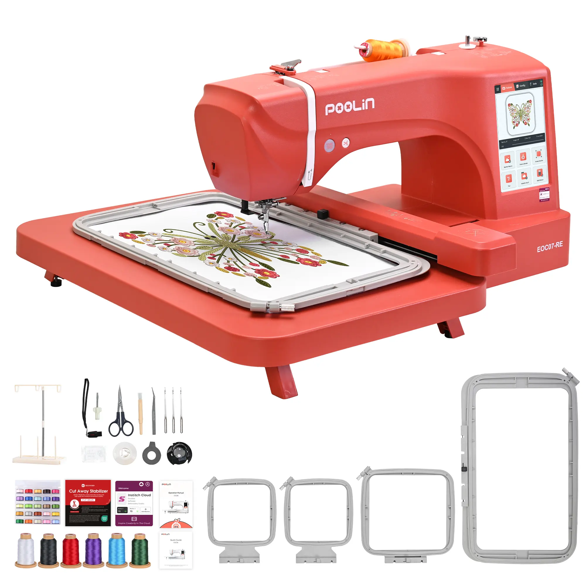 PooLin EOC07RE Embroidery Machine,7.9"x15" Hoop Area,7" Touchscreen,Computerized Home Embroidery Machine for Beginners Gifts,200 Built-in Designs,USB & Wireless,Software,4 Hoops,Thread