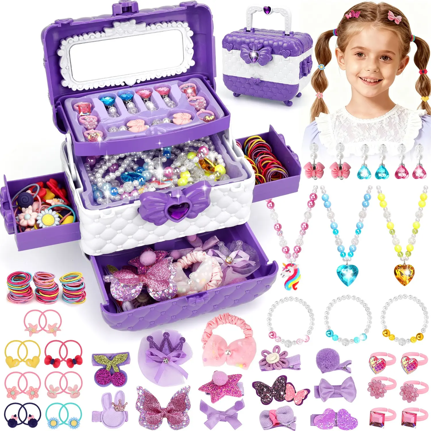 96Pcs Deluxe Toddler Cute Jewelry Set - Sparkling Costume Jewelry with Shining Earrings, Hair Clips, Hair Ties, and Dress-Up Accessories for Little Girls - Perfect Christmas, Halloween, and Birthday Gift for Kids
