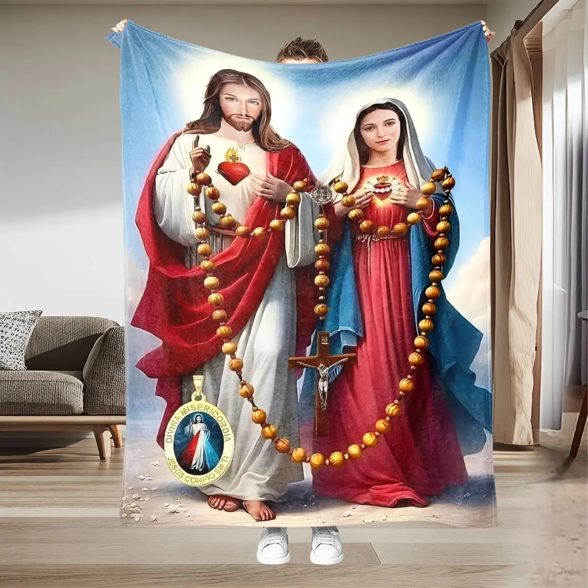 Jesus and Mary Rose Bead Ultra Soft Flannel Blanket, Premium Plush Lightweight Bedspread, Versatile for Bath Towel, Robe, Cover, Air Conditioning, Shawl, Travel, Ideal Gift, Soft Fluffy Blanket