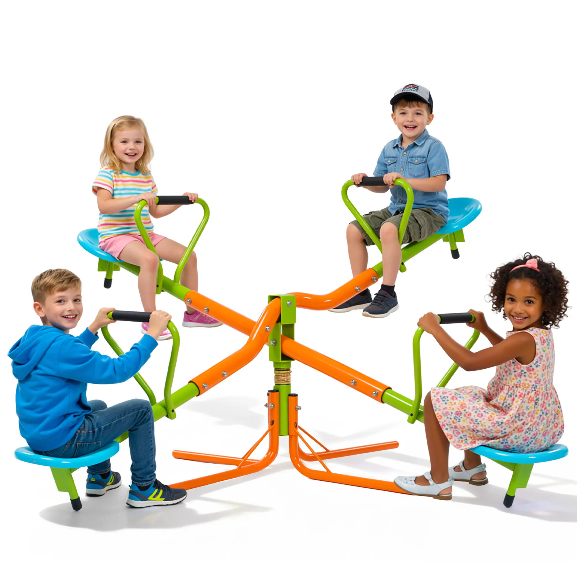 4-Seat Spinning Teeter Totter for Kids Outdoor - Heavy-Duty Backyard Seesaw with Safety Handles Rust-Proof Design | Develops Balance & Coordination