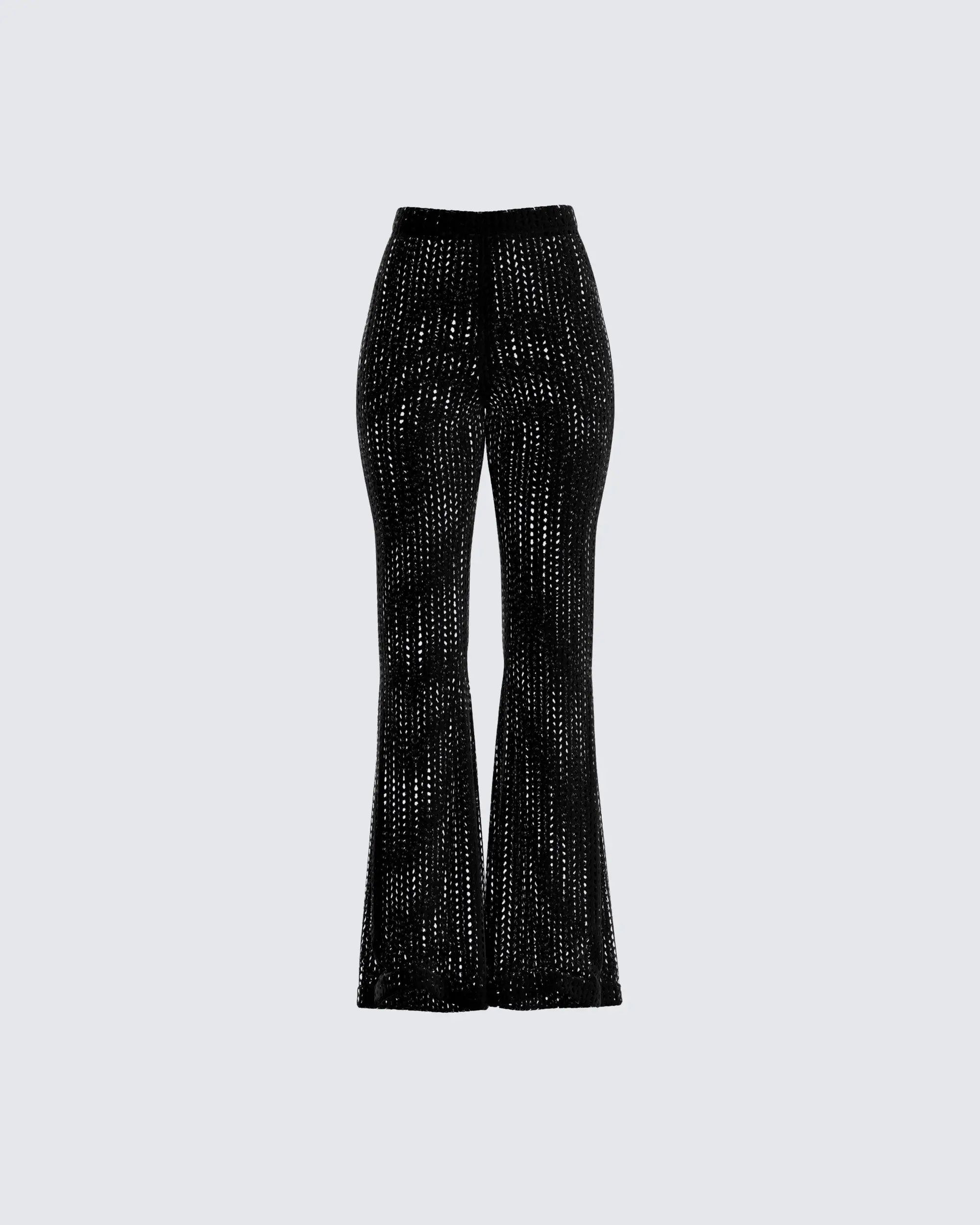 Women's Sheer Crochet Pants - High-Waisted Flare Cut Bell Bottoms, Alternative Style Festival & Bikini Coverup, Beach, Swimsuit, Acrylic, Festival Pants, High Waist, Multi-Size, Open Crochet, Shorts