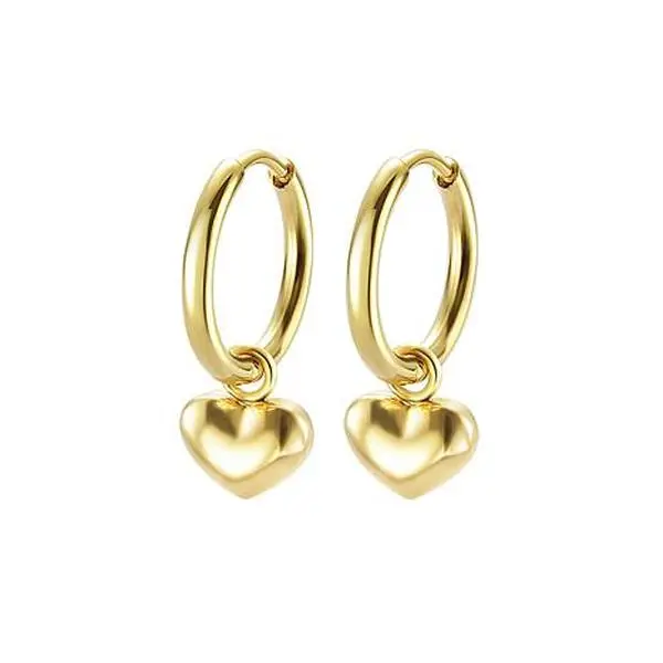 Stately Steel Puff Heart Charm Huggie Earrings