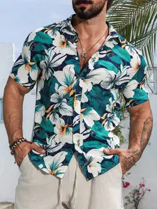 Unisex Hawaiian Tropical Style Short Sleeve Shirt, Relaxed Fit, Floral Pattern Button Casual Top, Breathable Summer, Perfect for Beach Vacation