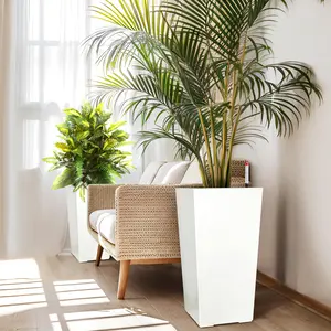 Garvee Set of 2 tall indoor and outdoor planters, 22.5 inches and 57 cm high, made of durable resin and black plastic, featuring self-watering systems with water level indicators, suitable for terraces, balconies, and porches