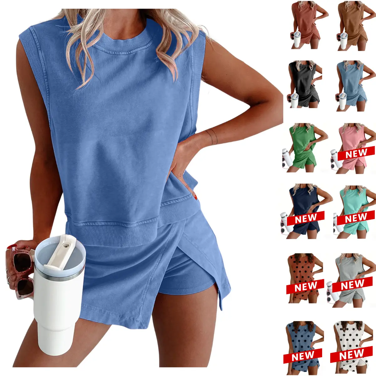 Yeokou Women's 2 Piece Washed Cotton Set, Casual Summer Tank Top and Skort Outfit with Side Slit, Everyday, Women's Clothes, Matching Sets For Women
