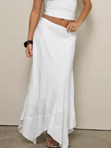 Women's Low-Rise Irregular Hem Bodycon Mermaid Midi Skirt, Diagonal Cut Design, Slim Fit to Accentuate Waist-to-Hip Ratio, Stretchy, Elastic & Draping Soft Fabric, All-Season Wear, Casual Daily & Party Occasions, Pencil Skirt