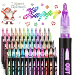 Double Line Contour Marker Set, Fast Dry Metallic Ink Fluorescent Pens, Art Markers, Art Materials, Ideal for Journals, Cards, Albums, Posters, Ceramics, Rocks, Glass