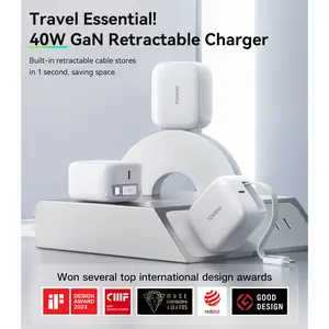 TORRAS FlexLine 40W Dual-Port USB C Charger Block with Retractable Cable and Foldable Plug Folding Cellphone Smartphone Electronic