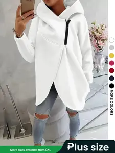 Women's Plus Size Hooded Sweatshirt, Half-zip Fashion Design, Asymmetrical Hem, Breathable Thick Fleece Hoodie, Loose Fit Long Sleeve Pullover