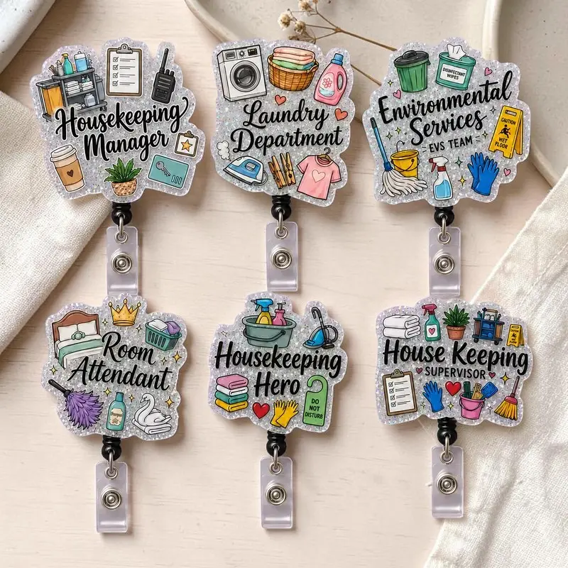 Housekeeping Supervisor Badge Reel, Cute Glitter Acrylic Retractable ID Holder, Hotel EVS Manager Badge Clip, Housekeeper Gift