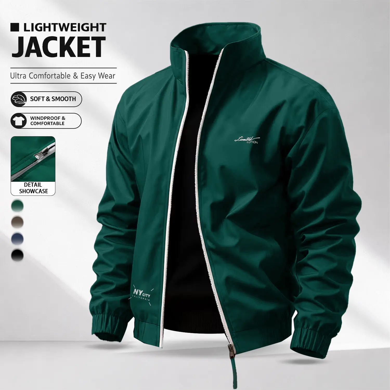 Men’s windproof zip-up jacket with hood, lightweight windproof fabric, minimalist embroidered design, relaxed fit, casual everyday style, suitable for daily outings and outdoor fun, fashionable and practical coat