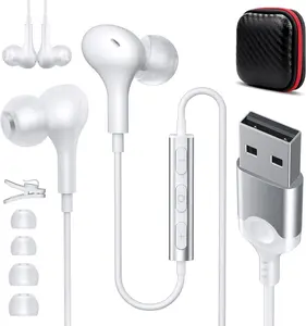 USB Headphones with Microphone for PC 7.5 Ft , USB Headsets for School Computer Class, Wired USBA Earbud with Mute Stereo Noise Canceling Cord Laptop Earphones for   Surface, White