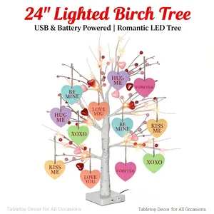 24'' Lighted Birch Tree with Heart Ornaments – USB & Battery Powered Romantic LED Tree, Tabletop Decor for Wedding, Anniversary, Birthday Gift, Proposal & Bedroom