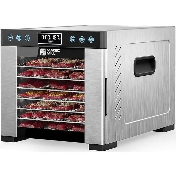 Magic Mill Pro Food Dehydrator Machine 7 Stainless Steel Trays, 2 Mesh Screen Trays, 2 Fruit Leather Trays, 48H Timer, 95°F -176°F Precision Temperature Control, 600W Ultra Powerful Rear Drying System, Original Brand for Dehydrators in USA since 1968