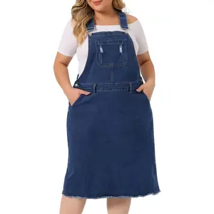 Women's Plus Size Denim Overall Dress Racerback Adjustable Strap Pinafore Bib Jean Dress with Pockets