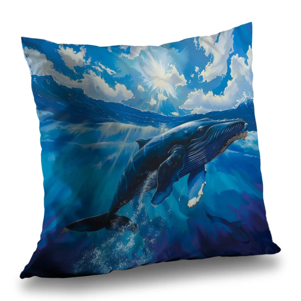 Begin Home Decor C1PT1414NA013T Soft 14x14 in. Nautical Look Oceanic Charm Swimming Whale Poly Twill Throw Pillow - Insert Included