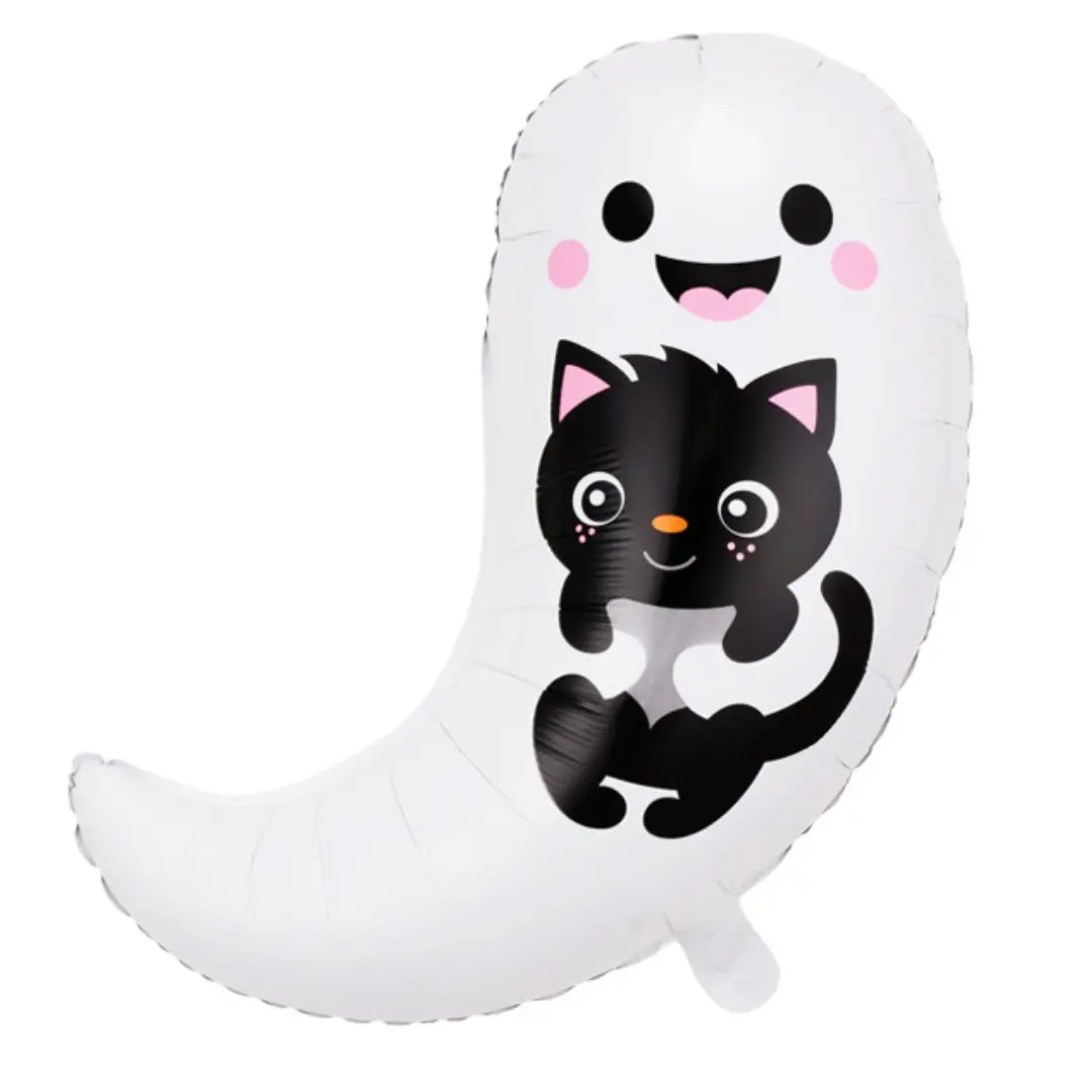 Ohhhh Spooky Cuteness Ghost & Cat Foil Balloon 30 Inches Tall Mylar Halloween Decor Spooky White Cartoon Design