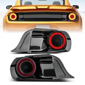 LED Tail Lights Assembly for 2015-2023 Ford Mustang, GT Halo Ring Style Tail Lamp with Sequential Turn Signal, Rear Brake Lamp Pair, Retro Supercar Look (Clear lens+ Red DRL bar)