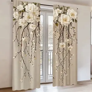 Elegant Floral Print Door Curtain Set, Flower Leaf Design, Polyester Fabric, Bedroom Living Room Home Decor, Home Decoration Curtain