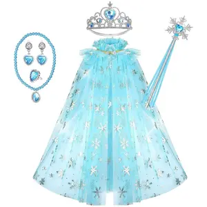 Princess Snowflake Cape Crown Set, Magic Wand Necklace, Halloween Christmas Party Costume, Party Costume Accessory, 7 Piece Dress Up Kit