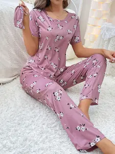 Women's Pajama Set with Eye Mask, Round Neck Short Sleeve Long Pants, Ditsy Floral All over Print, Lightweight Milk Silk Suite, Breathable Soft Sleepwear, Nightwear Pjs Loungewear Pyjamas