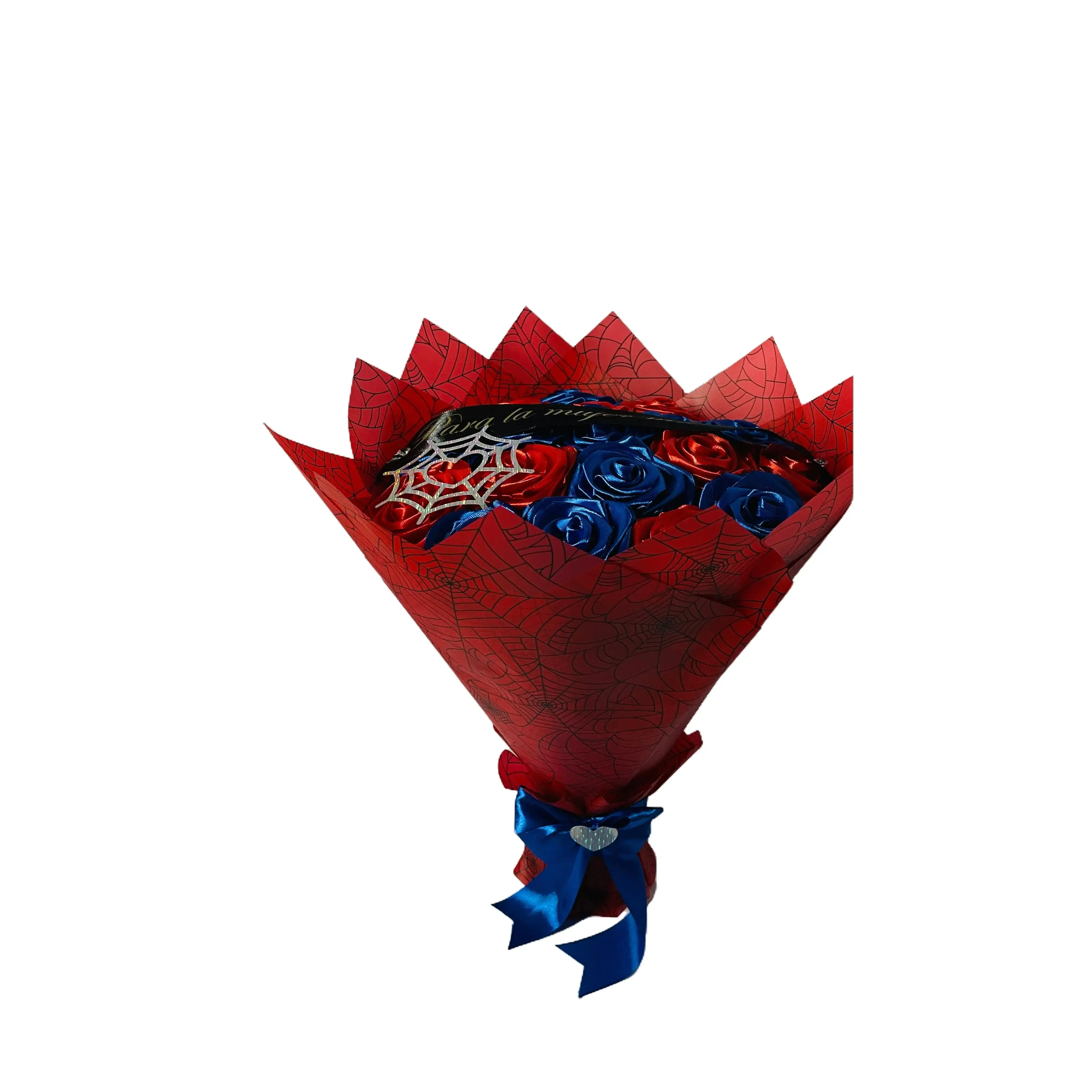 Superhero-Themed Satin Ribbon Rose Bouquet (Spider-Web Design) – Customizable