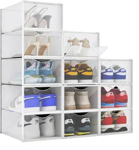 12-Pack Plastic Stackable Shoe Box Set - Clear | Foldable Shoe Storage Container | Sneaker Bins | Shoe Rack Box | Transparent | Portable Stacking Shoe Boxes Front Open