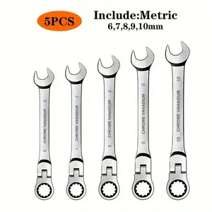 Ratchet Wrench Flex Head Set, 5 pcs 6–10 mm ratcheting combination wrenches (metric), anti-slip teeth, industrial-grade gear spanners, metric ratcheting combination, chrome vanadium steel
