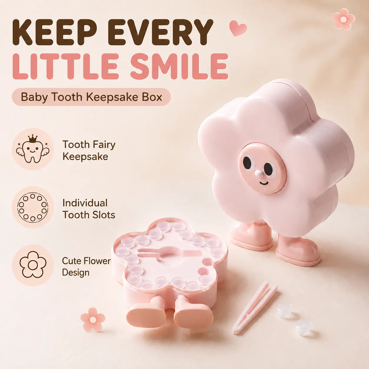 Tooth Fairy Keepsake Box for Kids, Baby Tooth Holder with 20 Individual Tooth Slots, Includes Tweezers & Date Stickers, Flower Baby Teeth Memory Storage Case